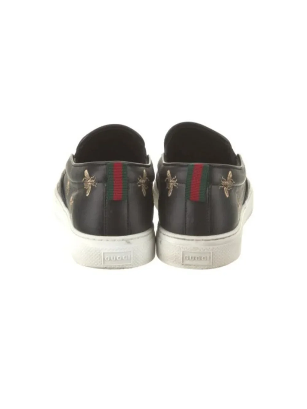 Gucci Mens Black Leather Bee & Star Embroidered Slip-On Loafers